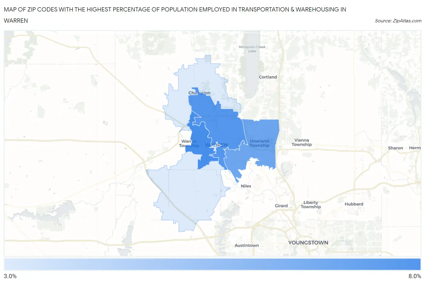 Zip Codes with the Highest Percentage of Population Employed in Transportation & Warehousing in Warren Map