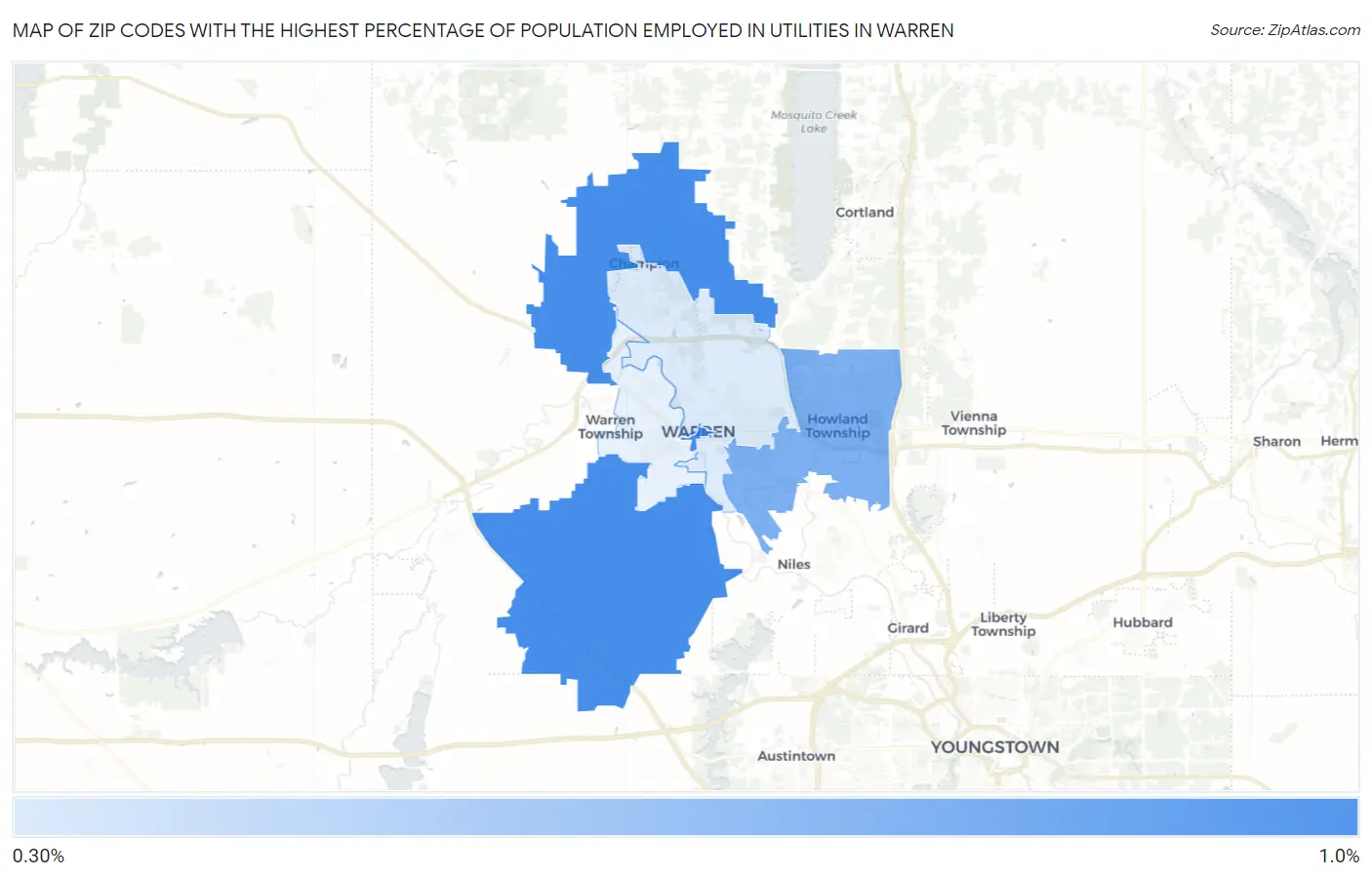 Zip Codes with the Highest Percentage of Population Employed in Utilities in Warren Map