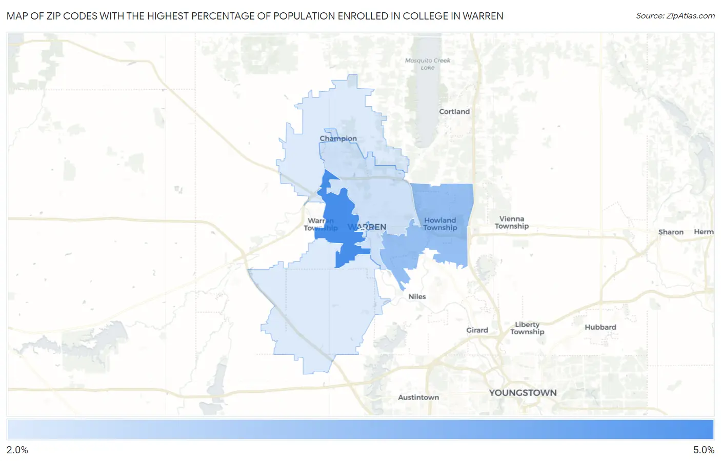 Zip Codes with the Highest Percentage of Population Enrolled in College in Warren Map