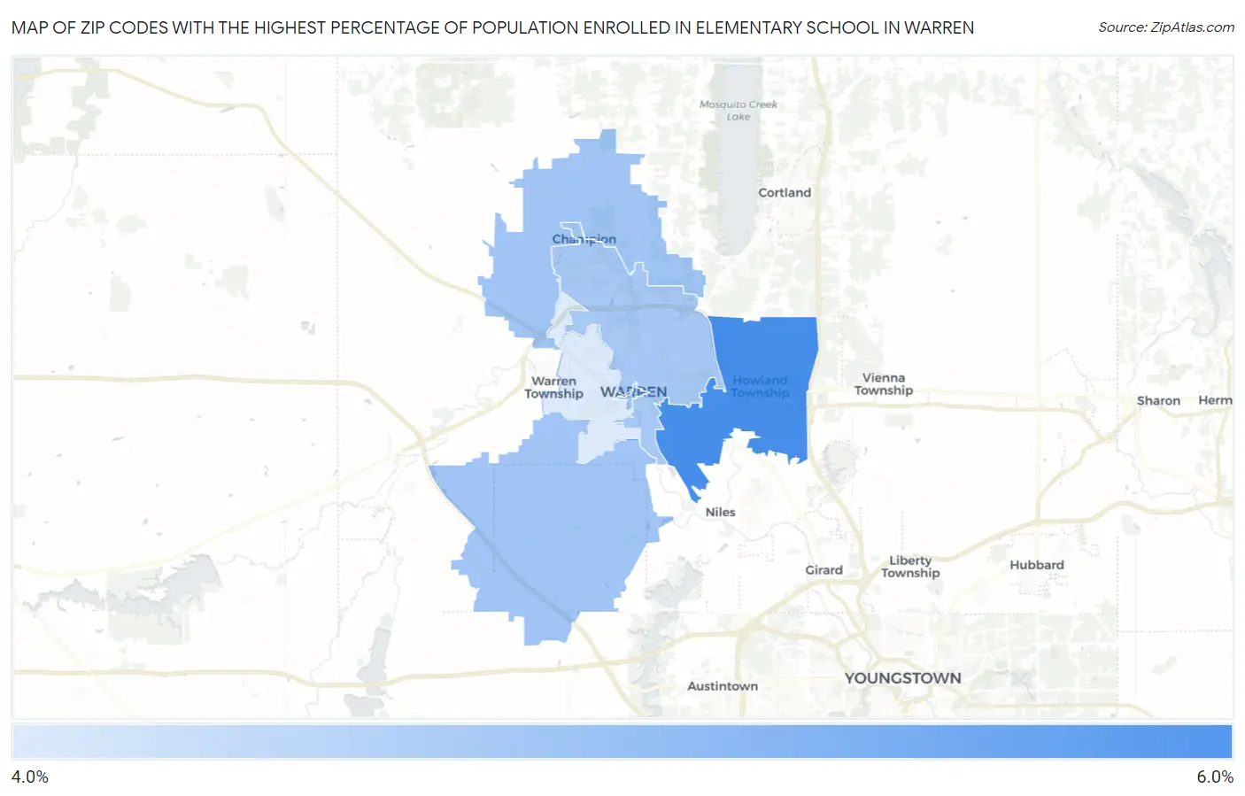 Zip Codes with the Highest Percentage of Population Enrolled in Elementary School in Warren Map