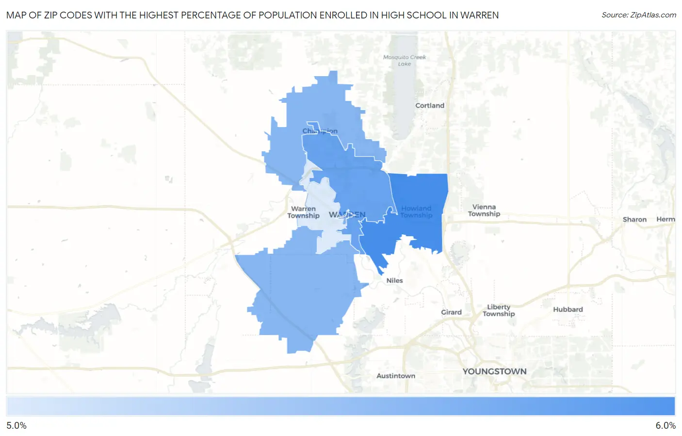 Zip Codes with the Highest Percentage of Population Enrolled in High School in Warren Map