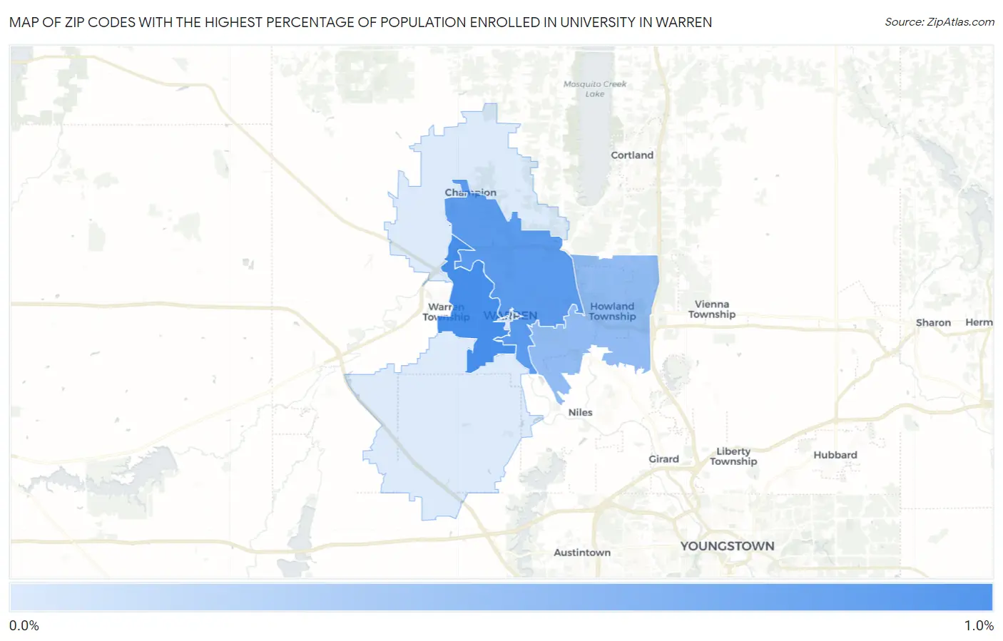 Zip Codes with the Highest Percentage of Population Enrolled in University in Warren Map