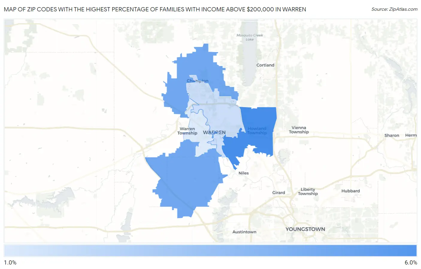 Zip Codes with the Highest Percentage of Families with Income Above $200,000 in Warren Map