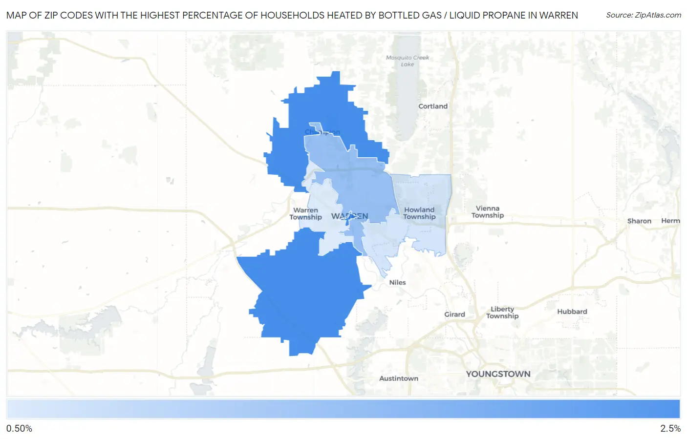 Zip Codes with the Highest Percentage of Households Heated by Bottled Gas / Liquid Propane in Warren Map