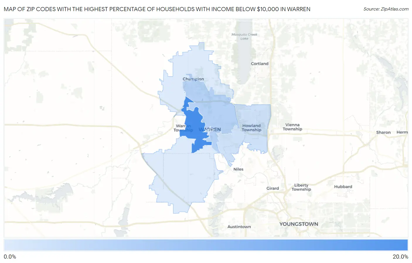 Zip Codes with the Highest Percentage of Households with Income Below $10,000 in Warren Map