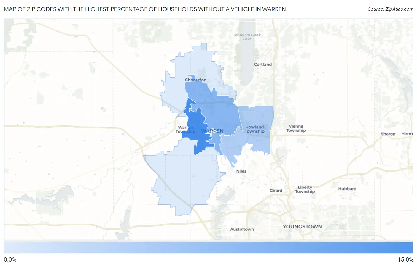 Zip Codes with the Highest Percentage of Households Without a Vehicle in Warren Map