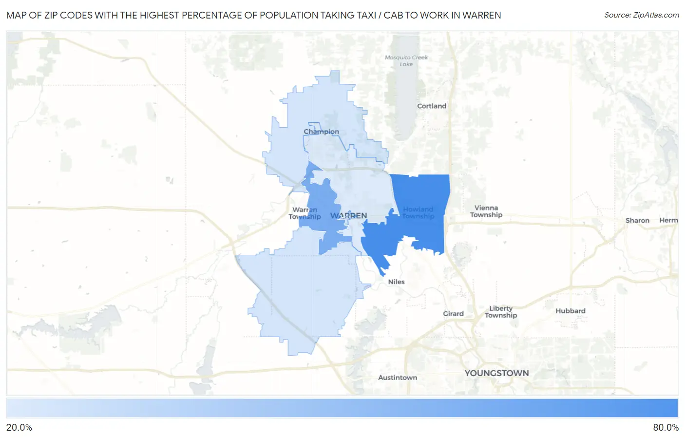 Zip Codes with the Highest Percentage of Population Taking Taxi / Cab to Work in Warren Map