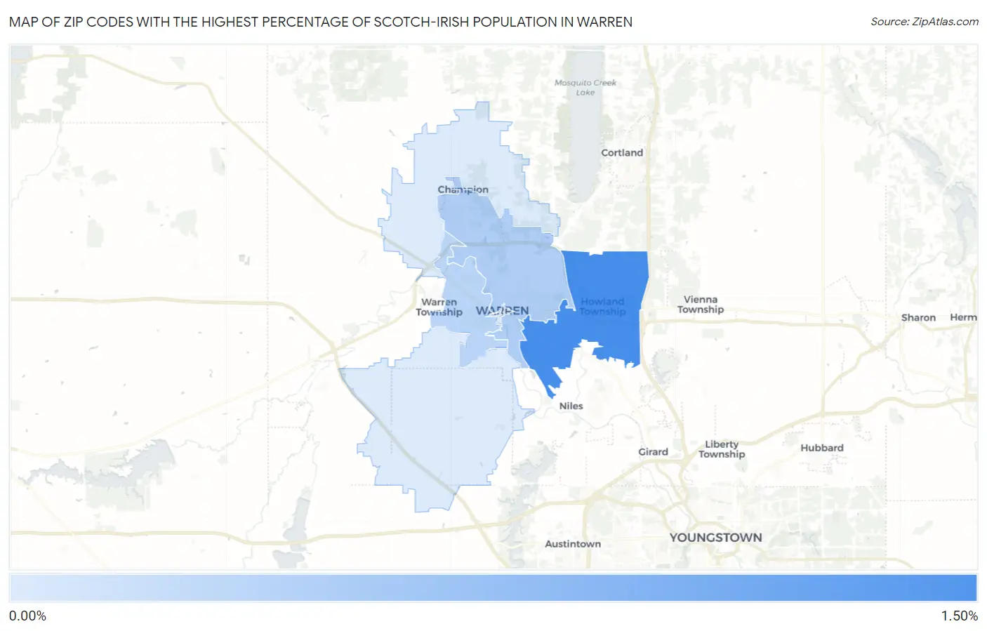 Zip Codes with the Highest Percentage of Scotch-Irish Population in Warren Map