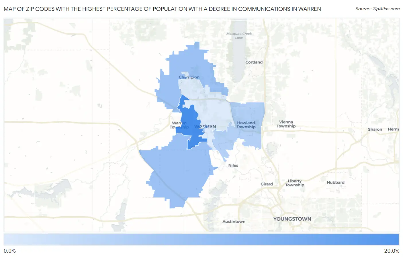 Zip Codes with the Highest Percentage of Population with a Degree in Communications in Warren Map