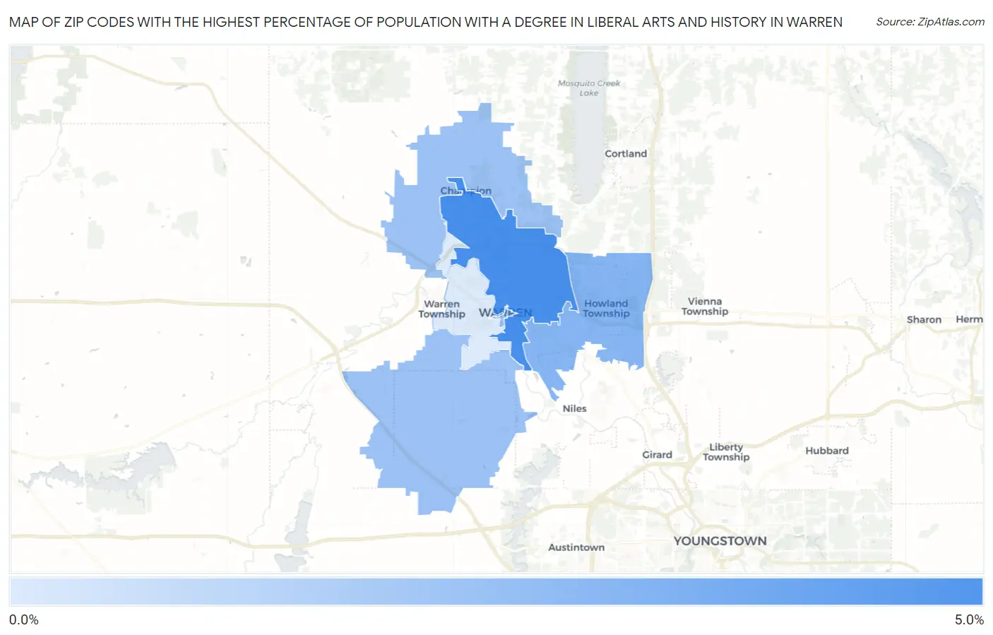 Zip Codes with the Highest Percentage of Population with a Degree in Liberal Arts and History in Warren Map