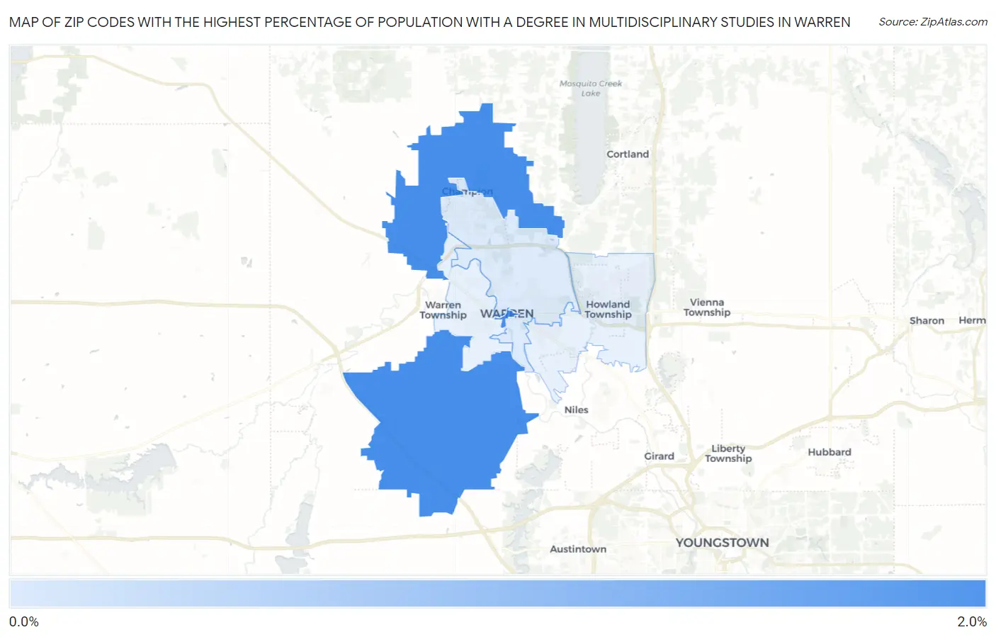 Zip Codes with the Highest Percentage of Population with a Degree in Multidisciplinary Studies in Warren Map