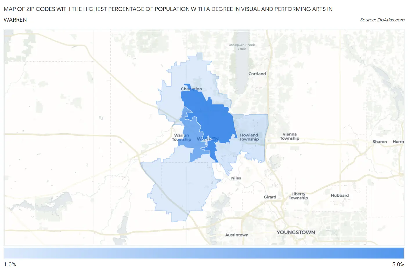 Zip Codes with the Highest Percentage of Population with a Degree in Visual and Performing Arts in Warren Map