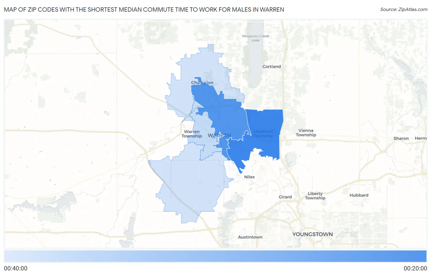 Zip Codes with the Shortest Median Commute Time to Work for Males in Warren Map