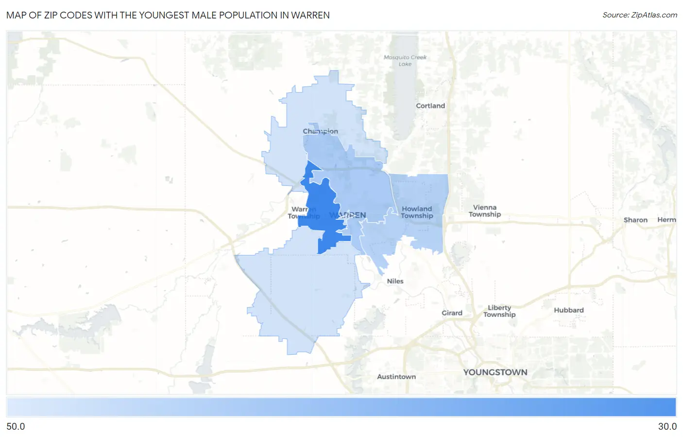 Zip Codes with the Youngest Male Population in Warren Map