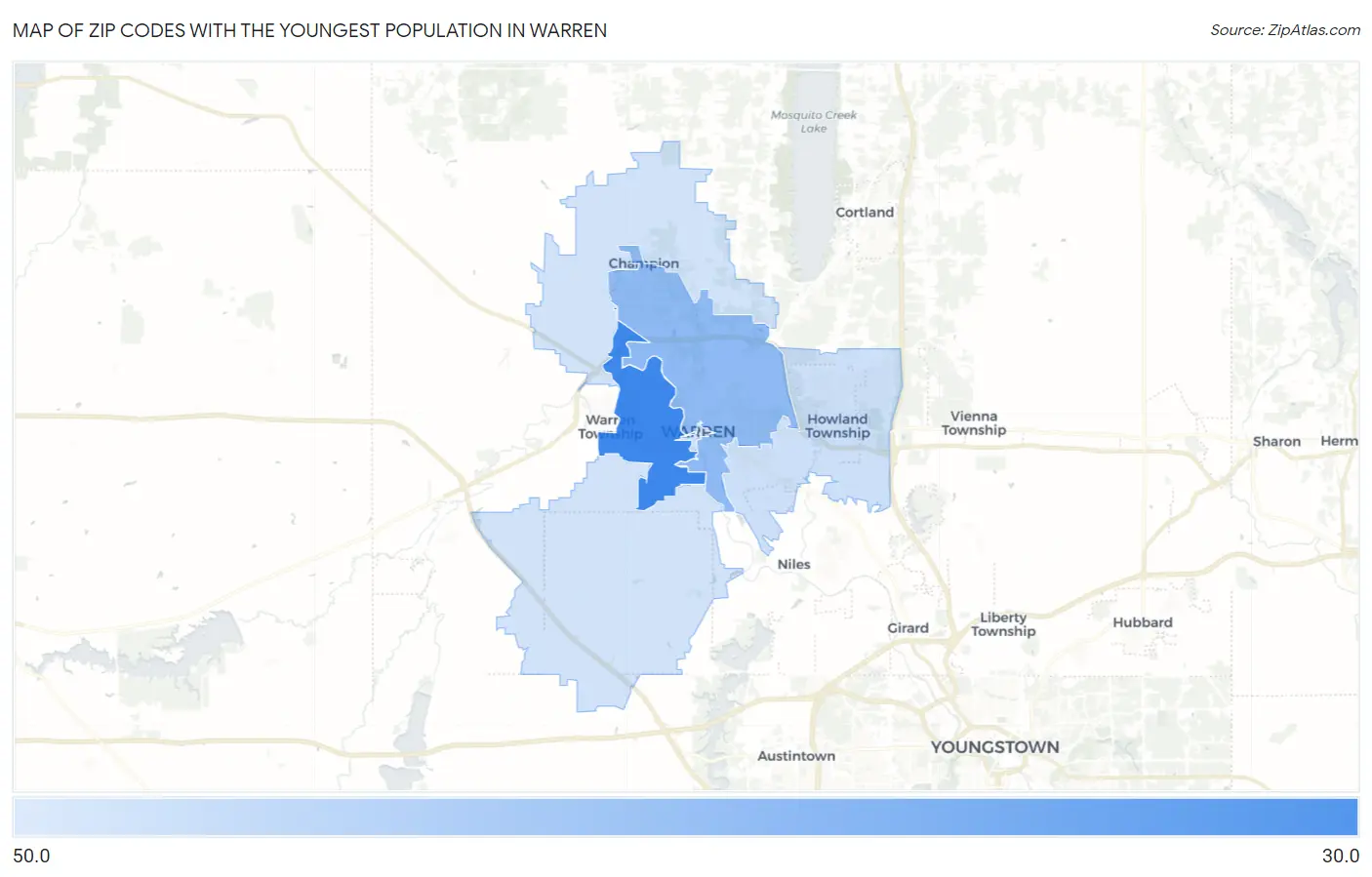 Zip Codes with the Youngest Population in Warren Map