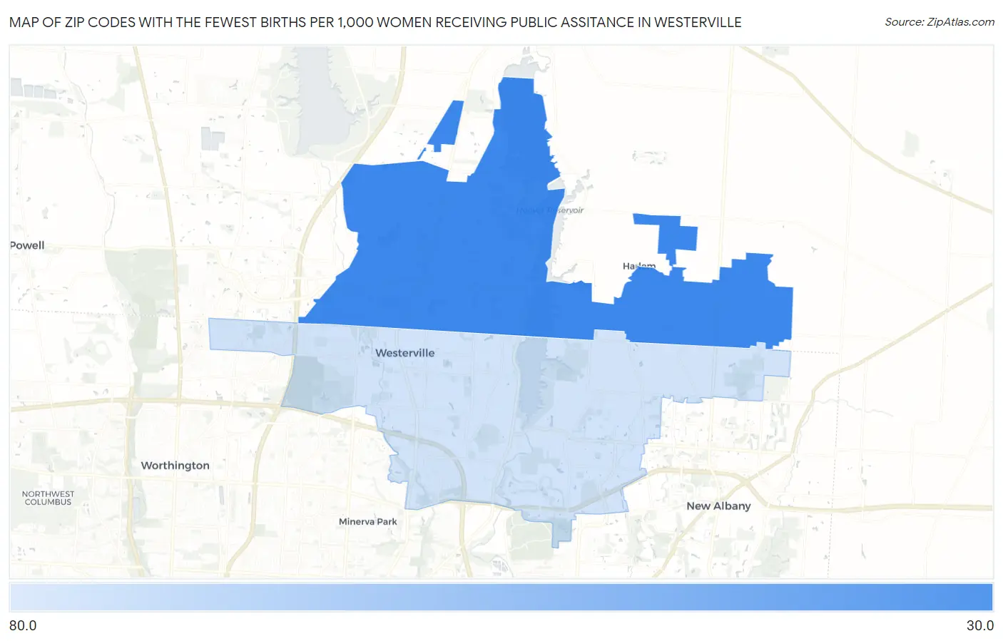 Zip Codes with the Fewest Births per 1,000 Women Receiving Public Assitance in Westerville Map