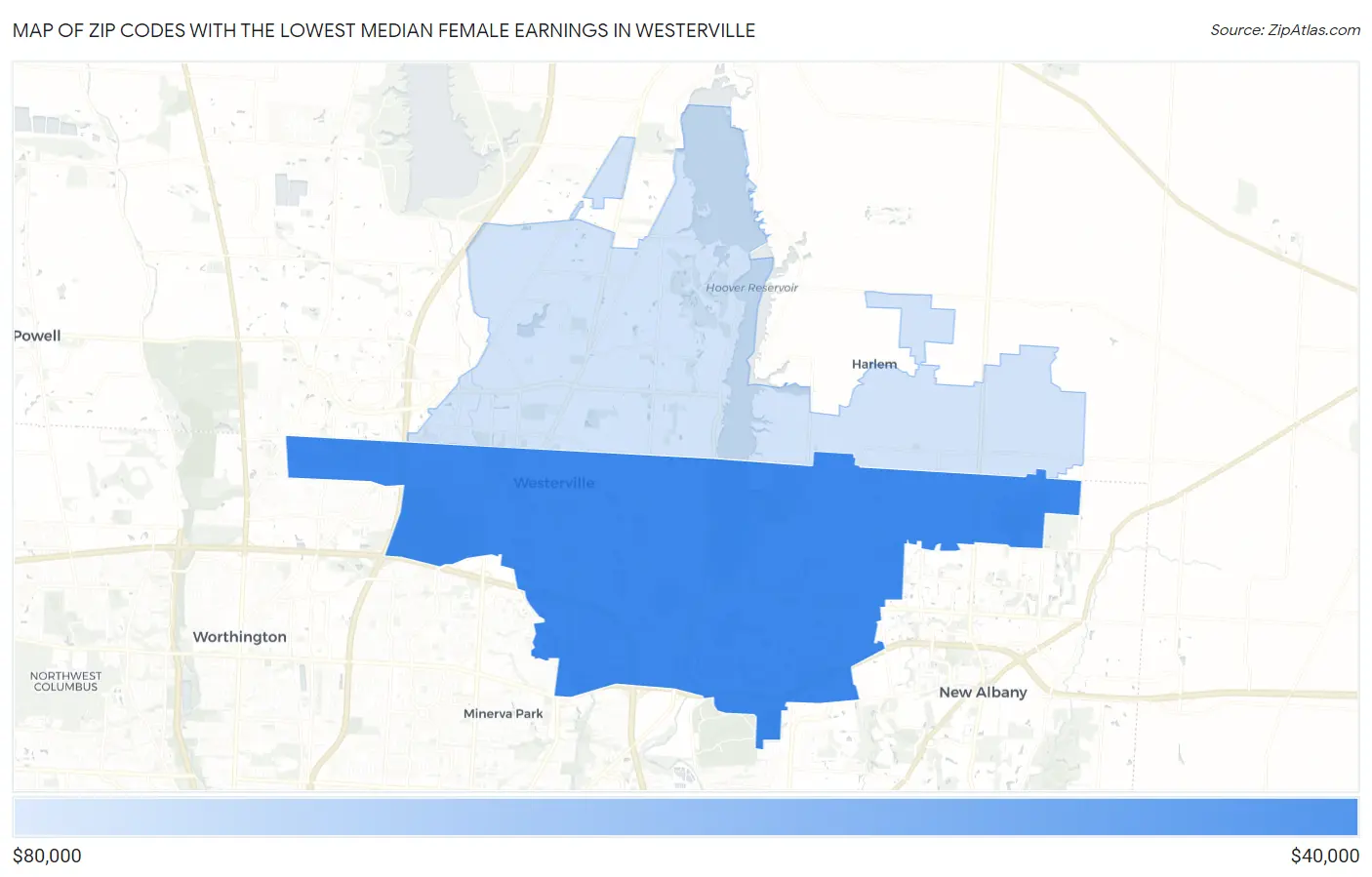 Zip Codes with the Lowest Median Female Earnings in Westerville Map