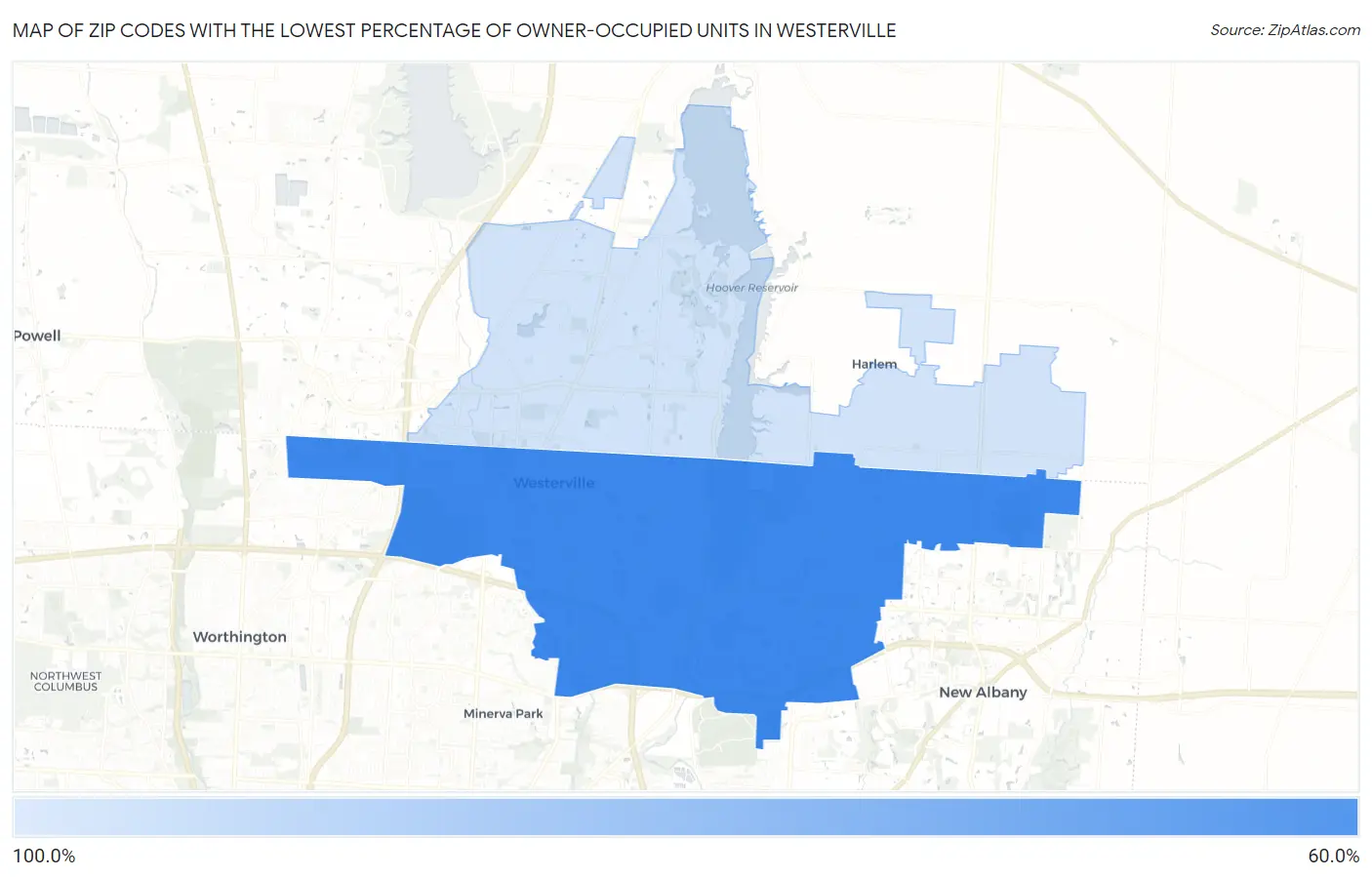 Zip Codes with the Lowest Percentage of Owner-Occupied Units in Westerville Map