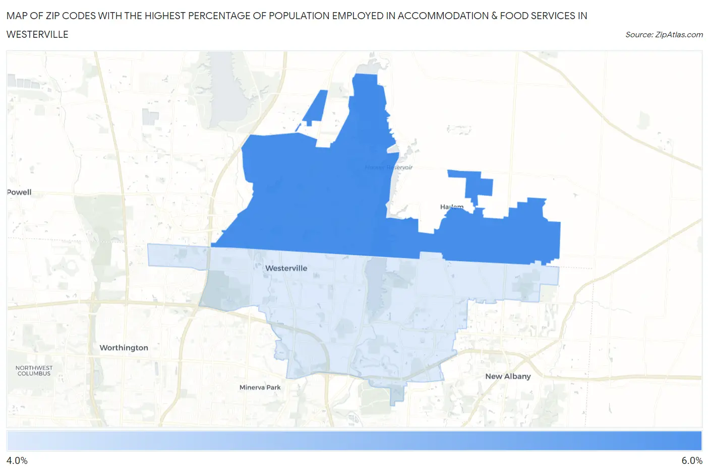 Zip Codes with the Highest Percentage of Population Employed in Accommodation & Food Services in Westerville Map