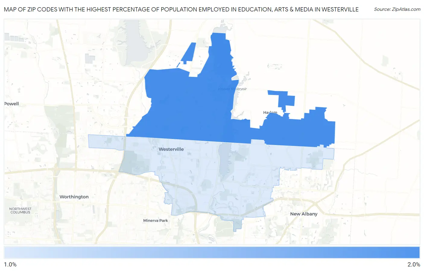 Zip Codes with the Highest Percentage of Population Employed in Education, Arts & Media in Westerville Map