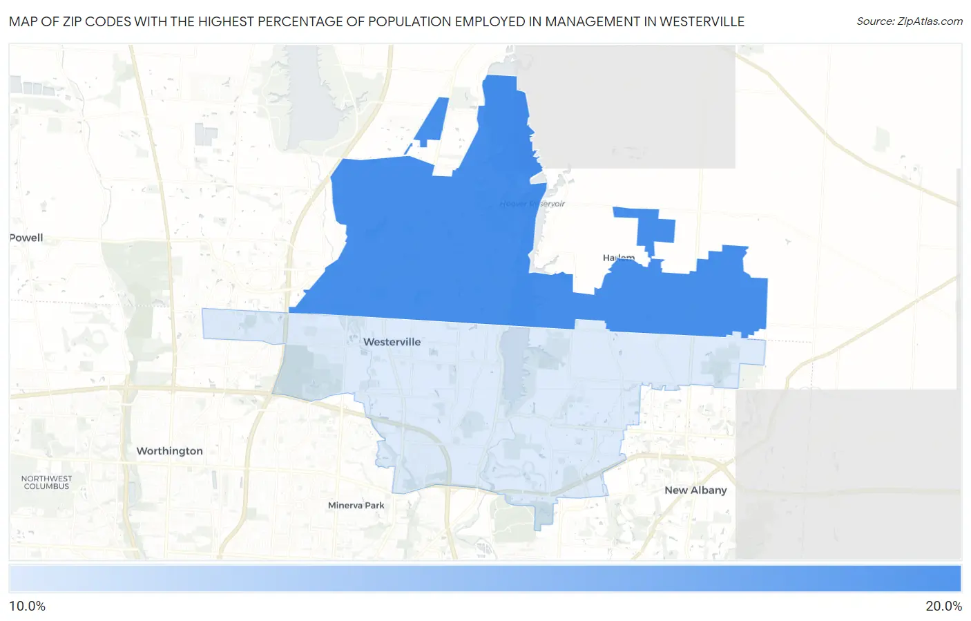 Zip Codes with the Highest Percentage of Population Employed in Management in Westerville Map