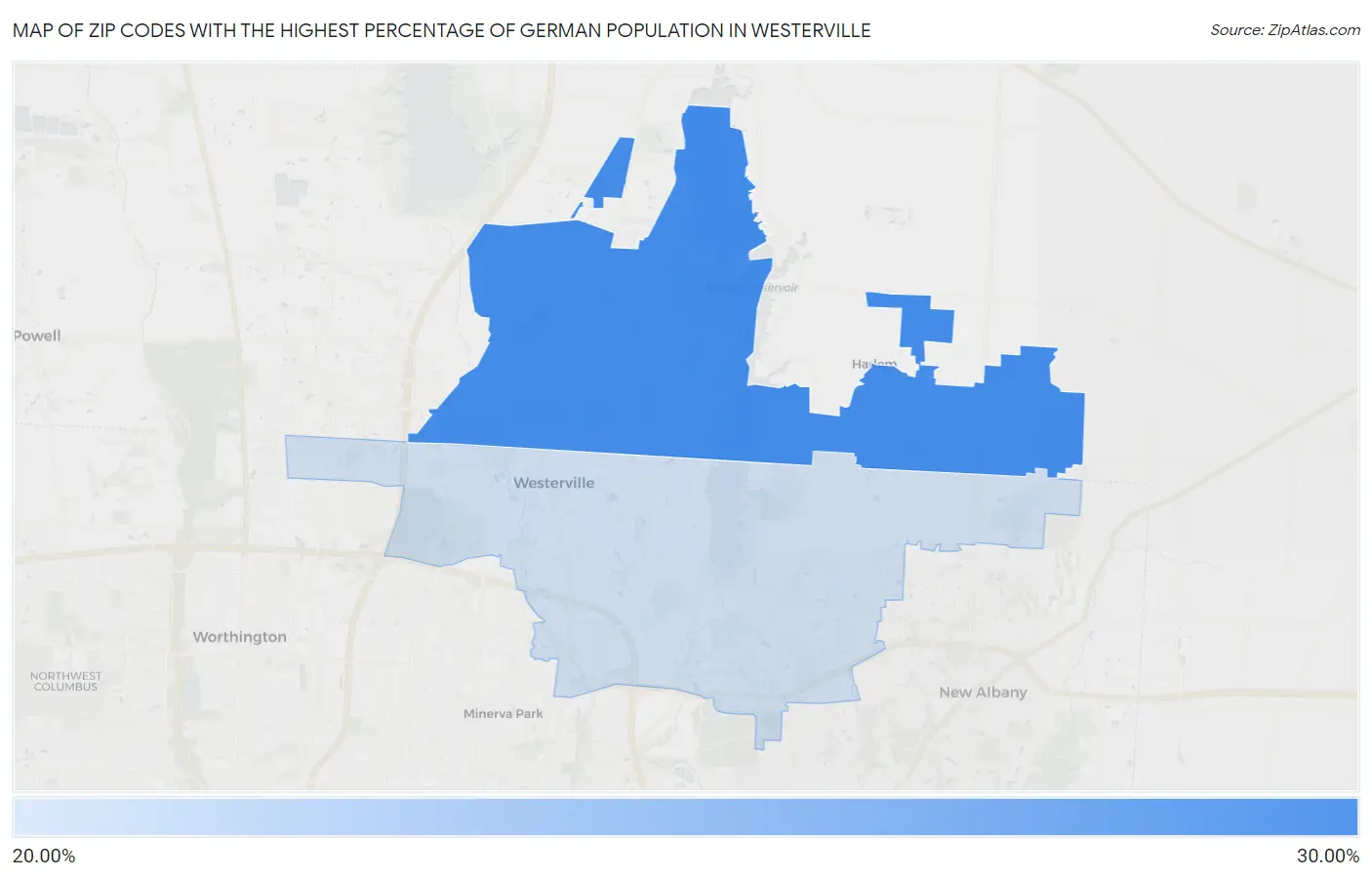 Zip Codes with the Highest Percentage of German Population in Westerville Map