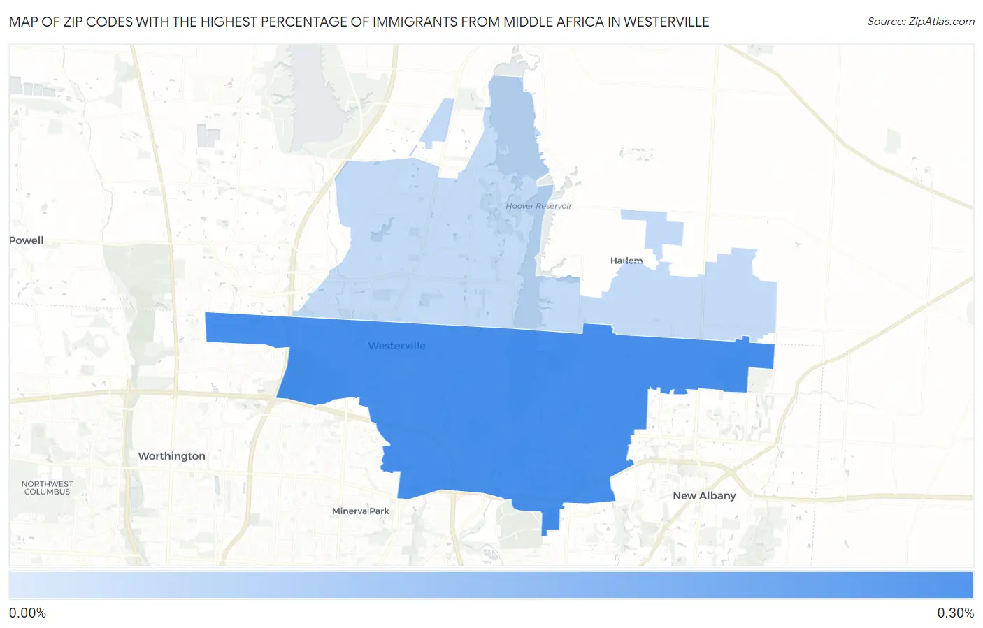 Zip Codes with the Highest Percentage of Immigrants from Middle Africa in Westerville Map