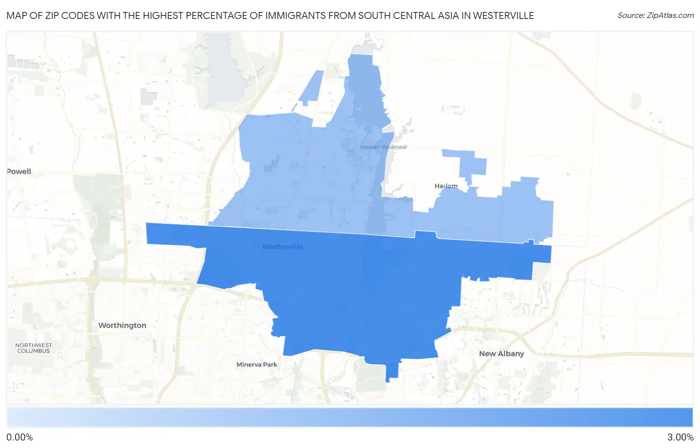 Zip Codes with the Highest Percentage of Immigrants from South Central Asia in Westerville Map