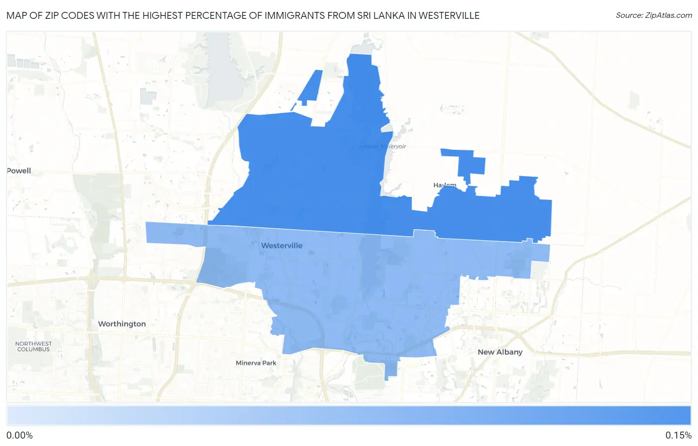 Zip Codes with the Highest Percentage of Immigrants from Sri Lanka in Westerville Map