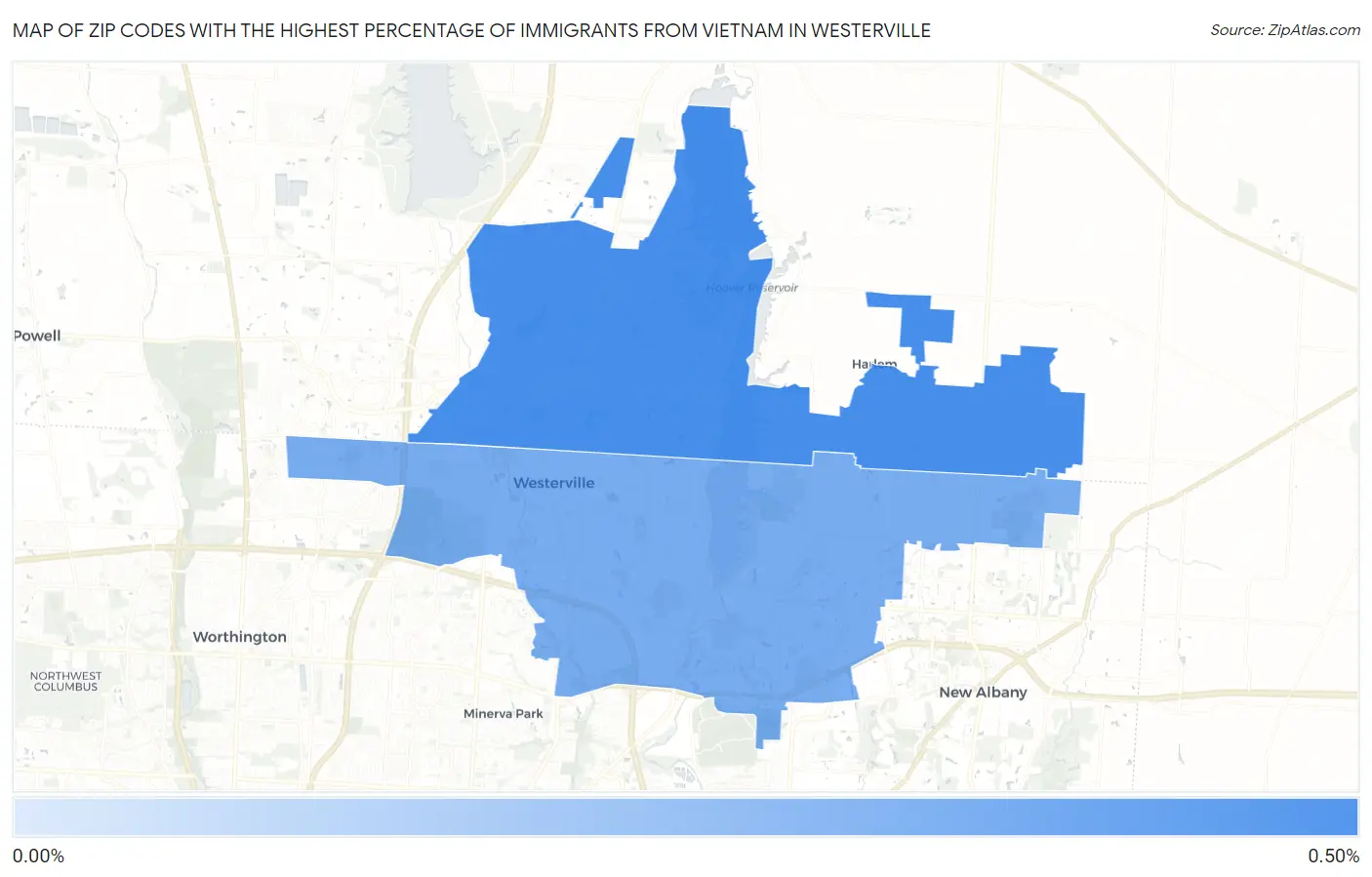 Zip Codes with the Highest Percentage of Immigrants from Vietnam in Westerville Map