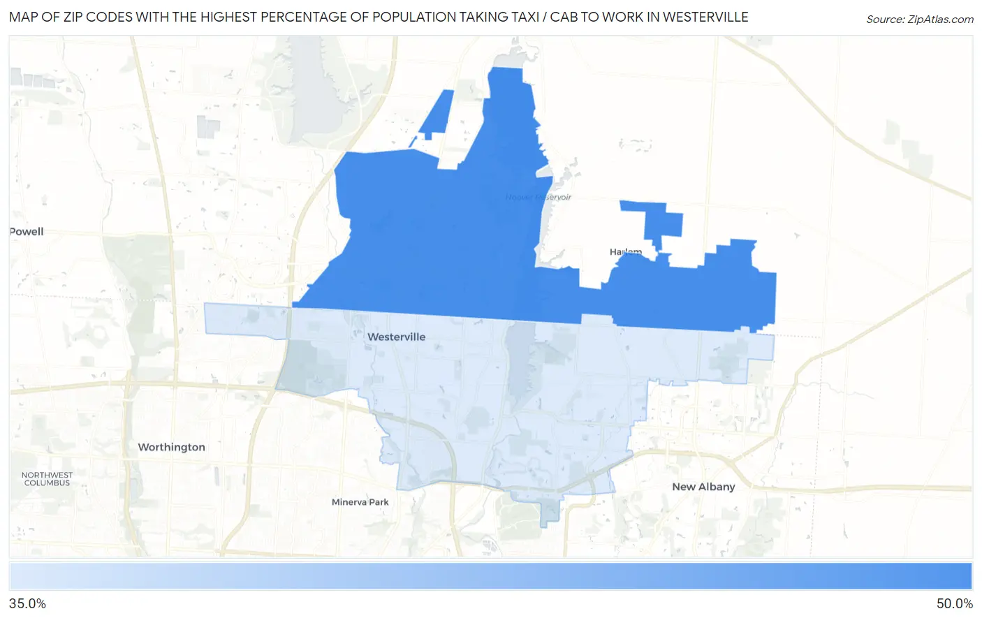 Zip Codes with the Highest Percentage of Population Taking Taxi / Cab to Work in Westerville Map