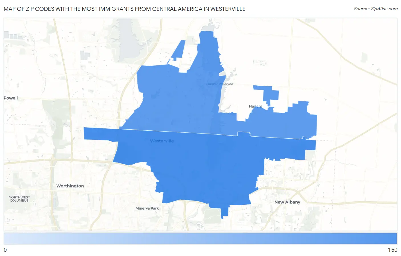 Zip Codes with the Most Immigrants from Central America in Westerville Map