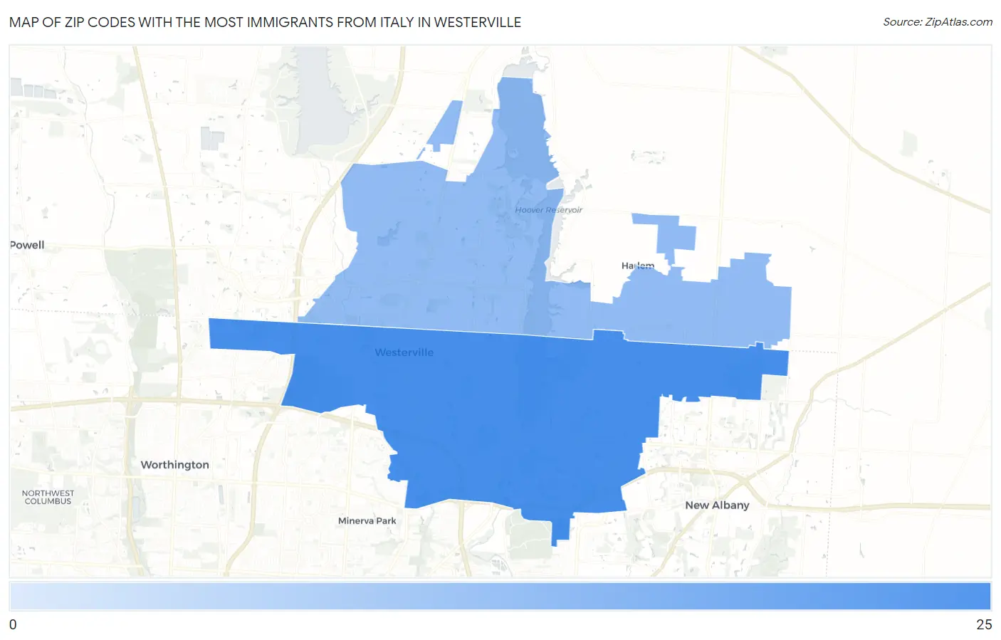 Zip Codes with the Most Immigrants from Italy in Westerville Map