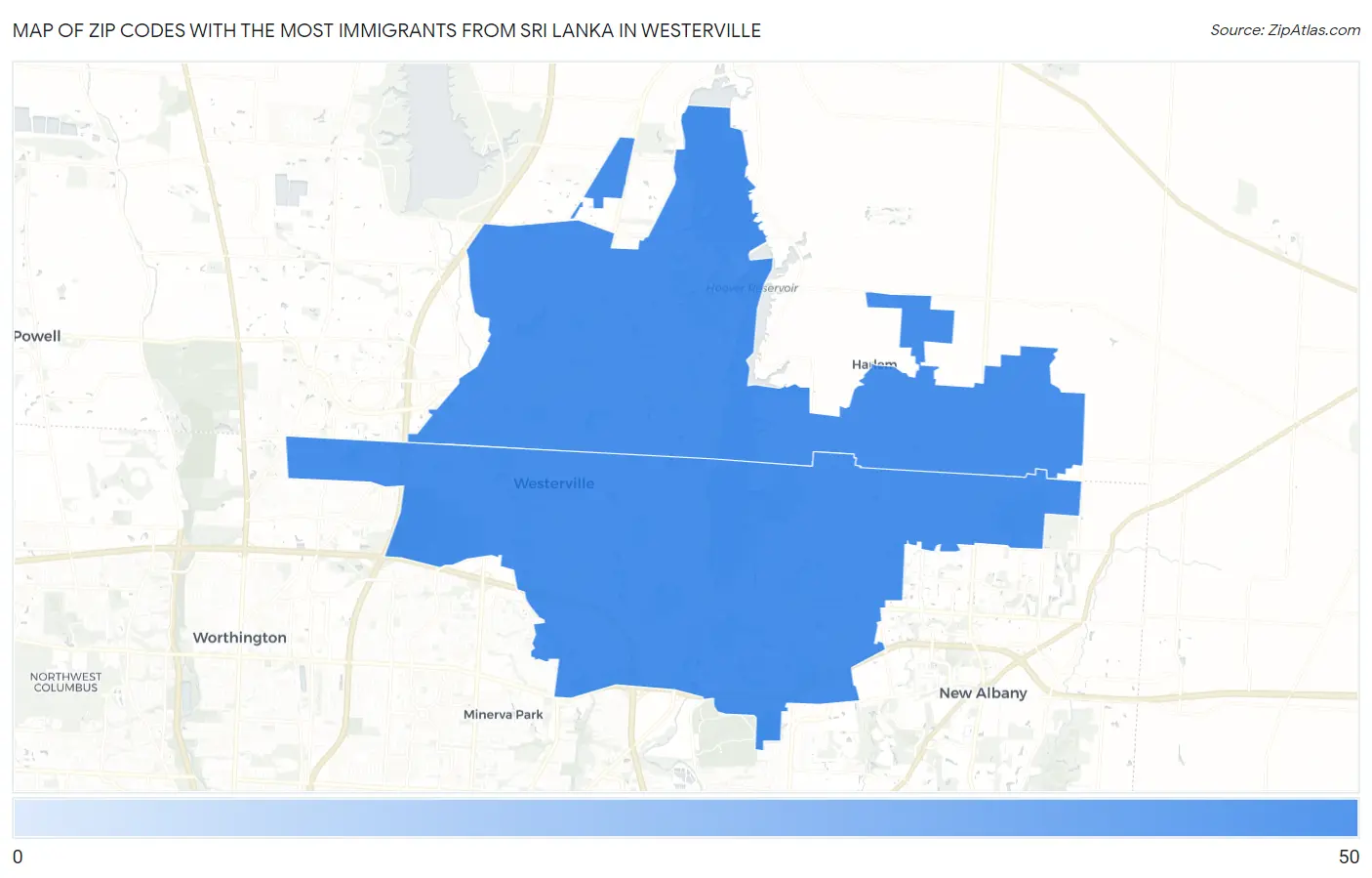 Zip Codes with the Most Immigrants from Sri Lanka in Westerville Map