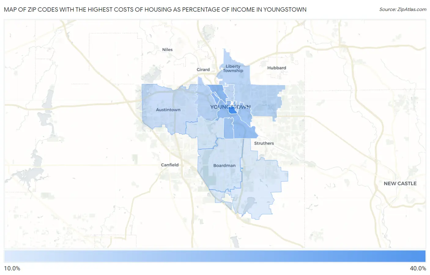 Zip Codes with the Highest Costs of Housing as Percentage of Income in Youngstown Map