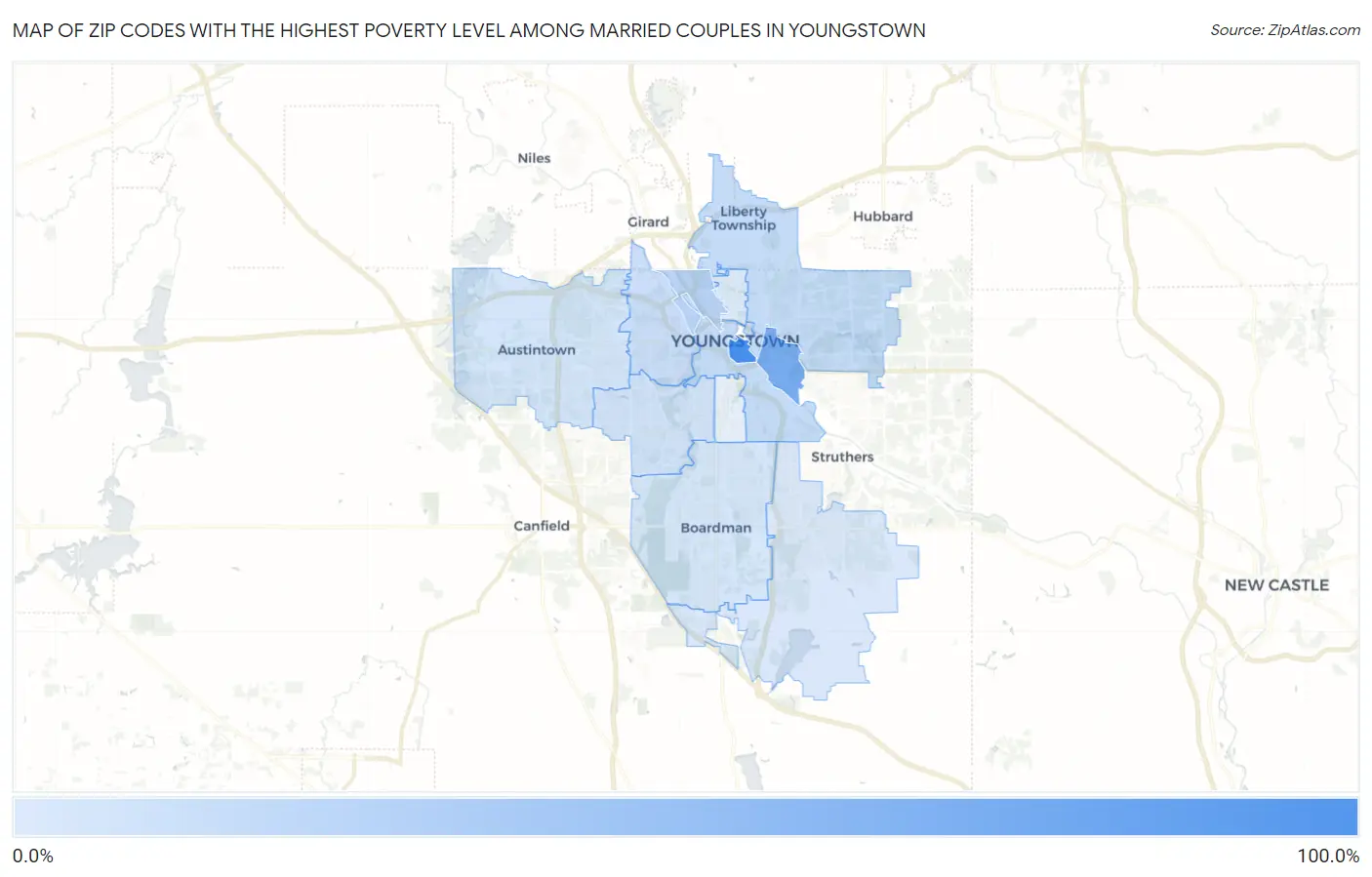 Zip Codes with the Highest Poverty Level Among Married Couples in Youngstown Map
