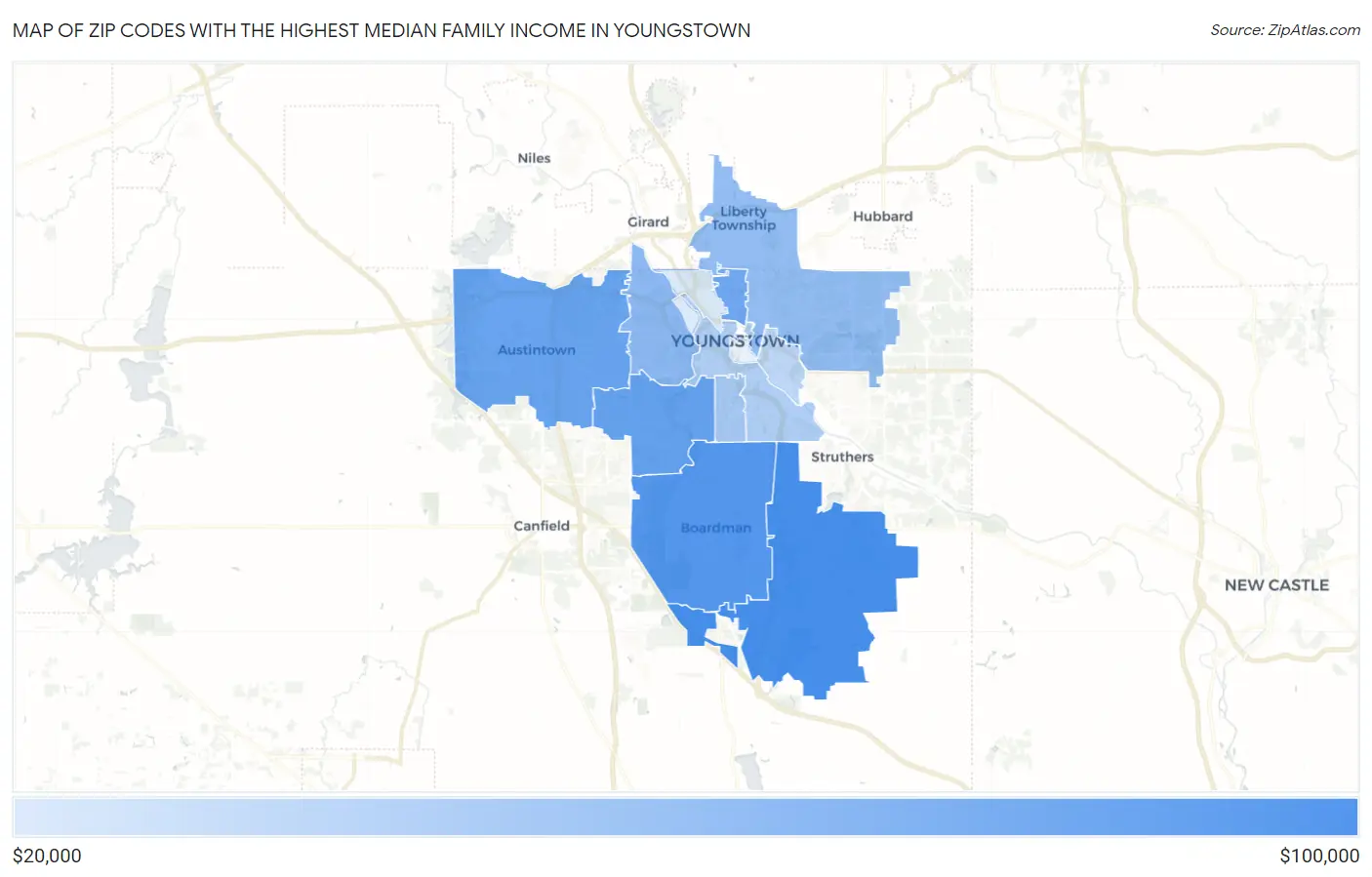 Zip Codes with the Highest Median Family Income in Youngstown Map
