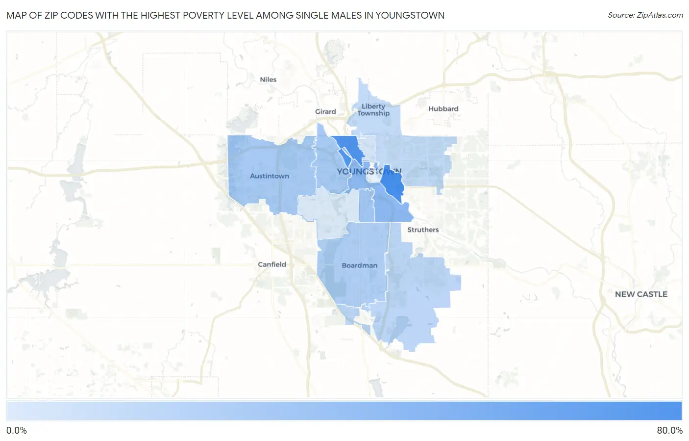 Zip Codes with the Highest Poverty Level Among Single Males in Youngstown Map