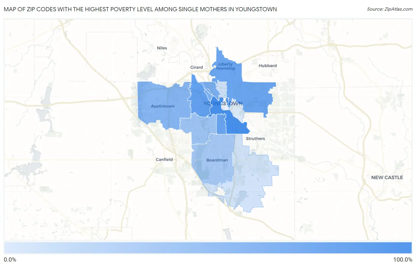 Zip Codes with the Highest Poverty Level Among Single Mothers in Youngstown Map