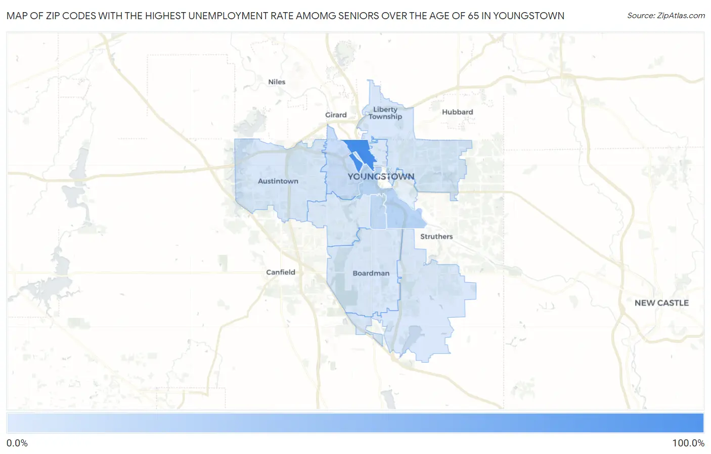 Zip Codes with the Highest Unemployment Rate Amomg Seniors Over the Age of 65 in Youngstown Map