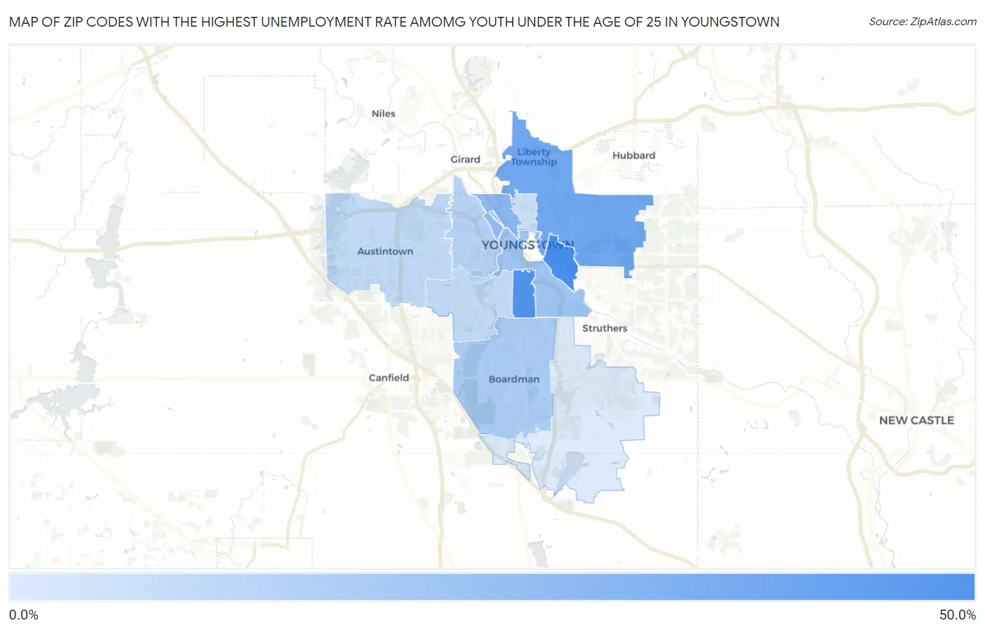Zip Codes with the Highest Unemployment Rate Amomg Youth Under the Age of 25 in Youngstown Map