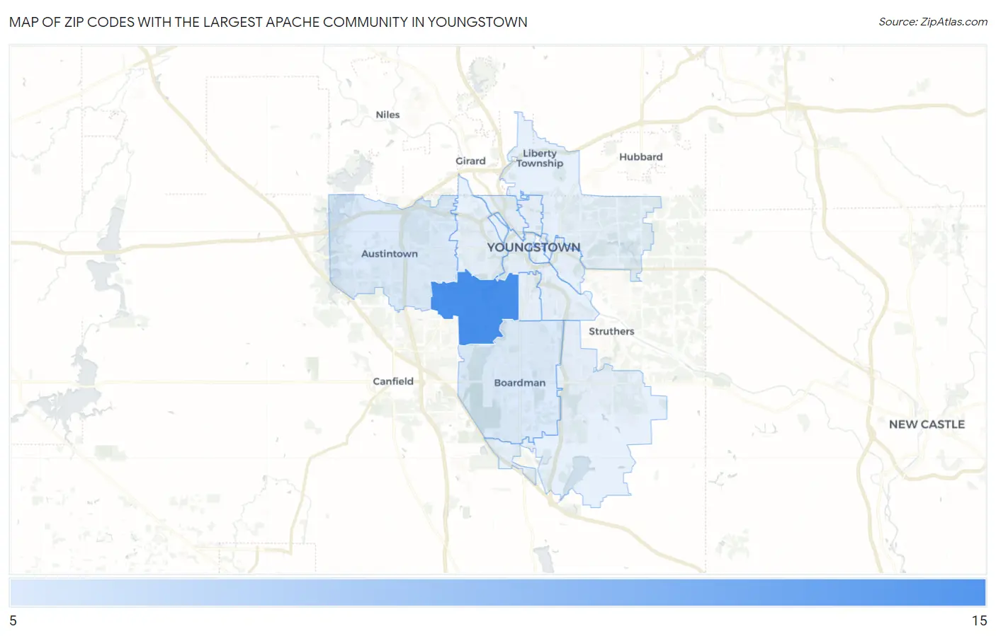 Zip Codes with the Largest Apache Community in Youngstown Map