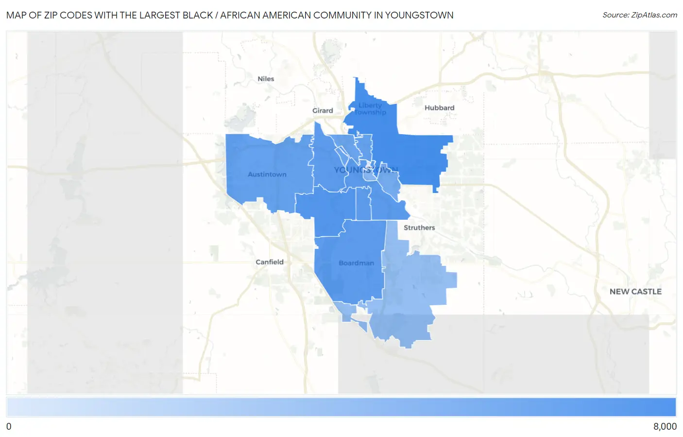 Zip Codes with the Largest Black / African American Community in Youngstown Map
