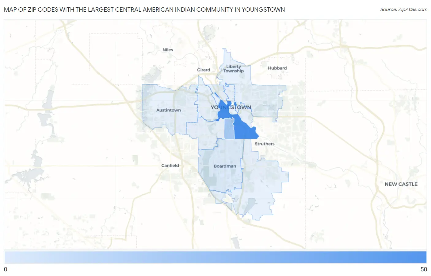 Zip Codes with the Largest Central American Indian Community in Youngstown Map