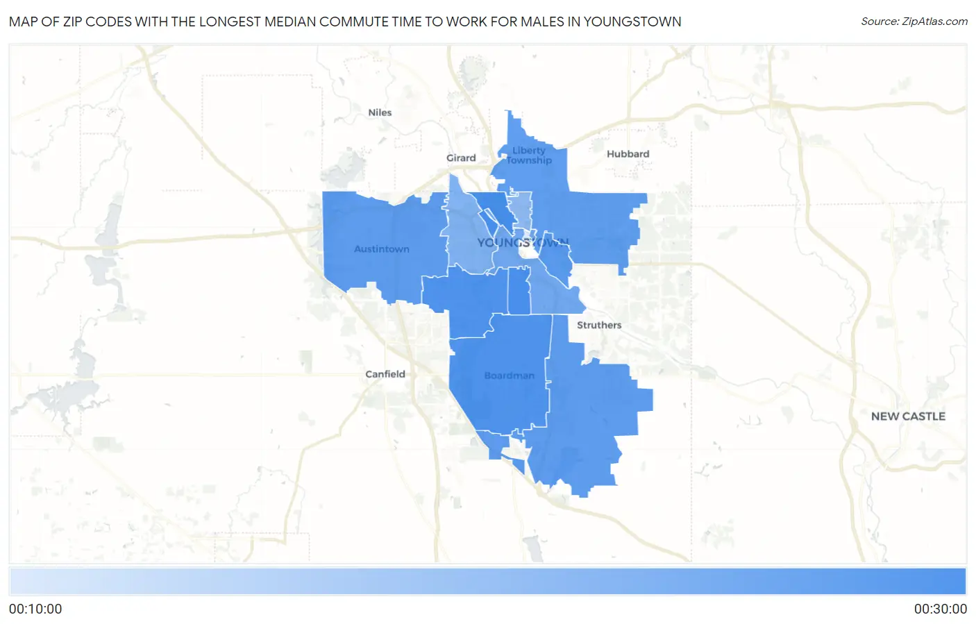 Zip Codes with the Longest Median Commute Time to Work for Males in Youngstown Map