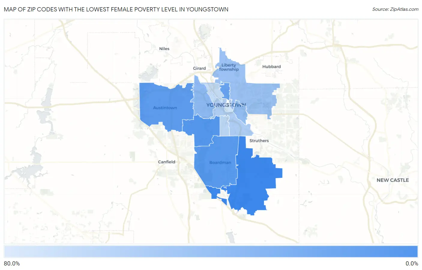 Zip Codes with the Lowest Female Poverty Level in Youngstown Map