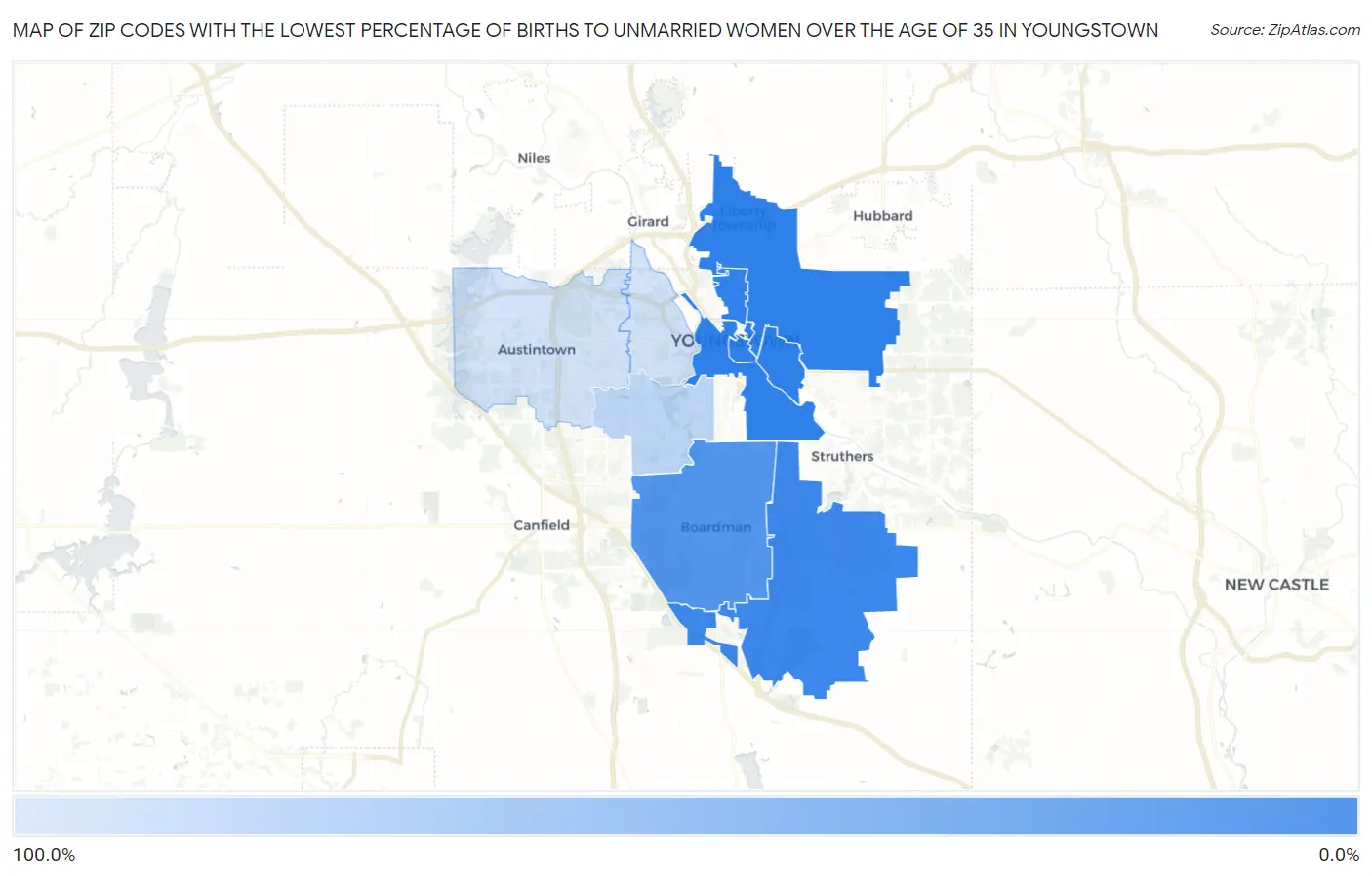 Zip Codes with the Lowest Percentage of Births to Unmarried Women over the Age of 35 in Youngstown Map