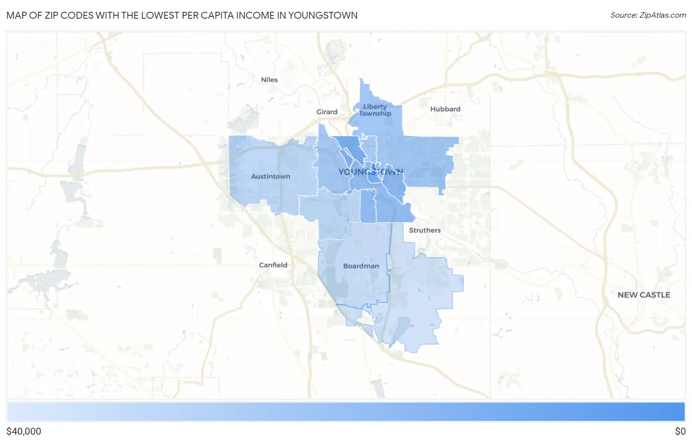 Zip Codes with the Lowest Per Capita Income in Youngstown Map