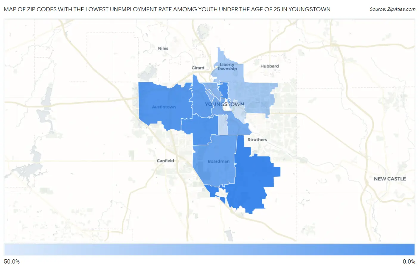 Zip Codes with the Lowest Unemployment Rate Amomg Youth Under the Age of 25 in Youngstown Map