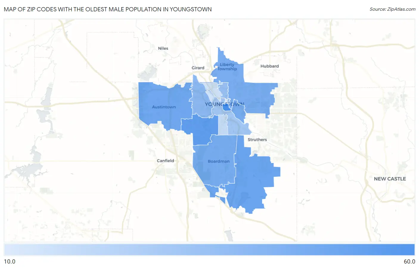Zip Codes with the Oldest Male Population in Youngstown Map